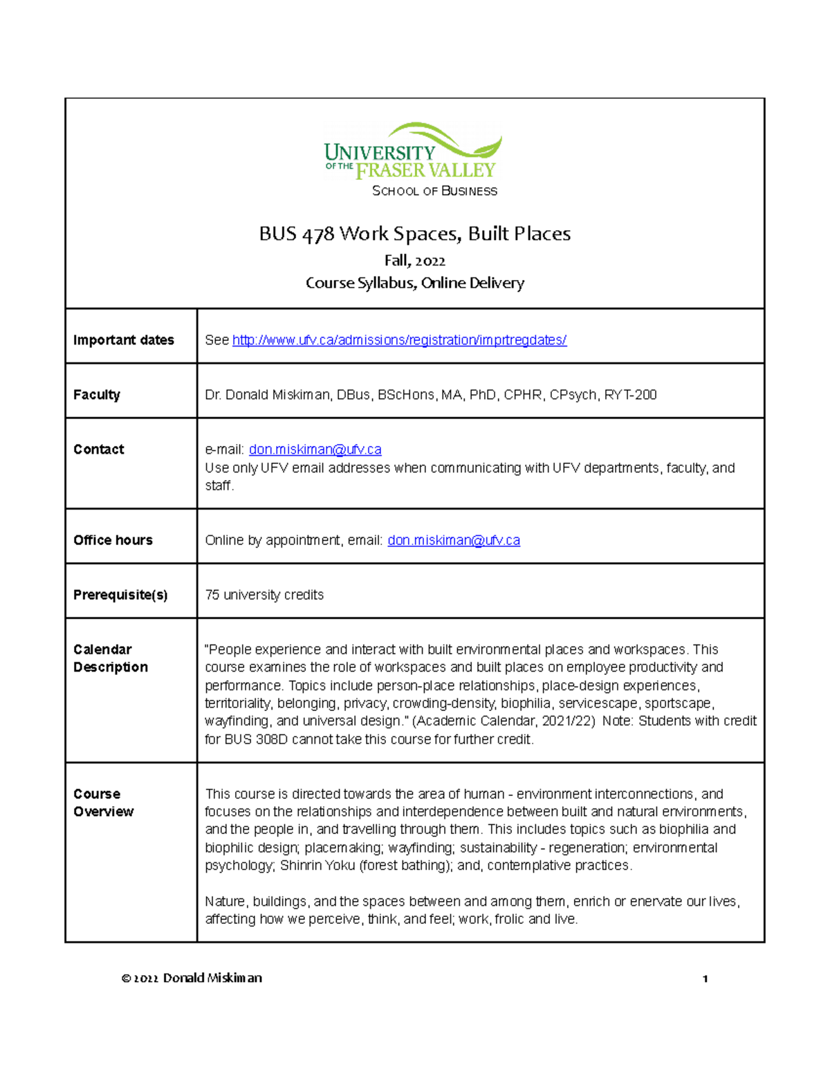 478 2022 Syllabus - NOTES - SCHOOL OF BUSINESS BUS 478 Work Spaces ...