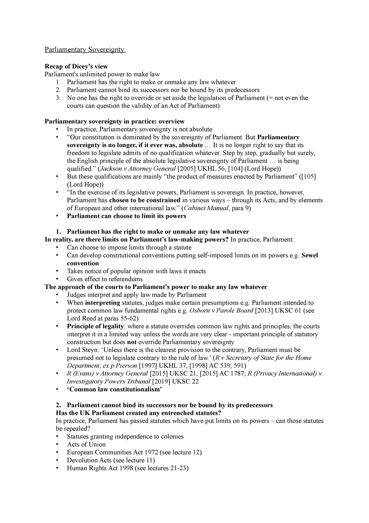 WEEK 15 CAL Lecture notes 15 Parliamentary Sovereignty Recap of