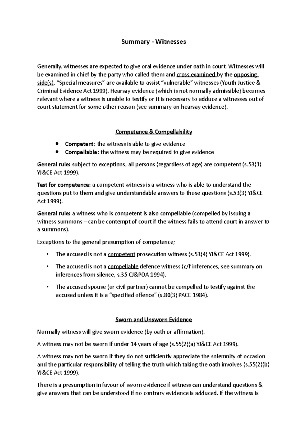 Summary Witnesses - Lecture notes 2 - Summary - Witnesses Generally ...