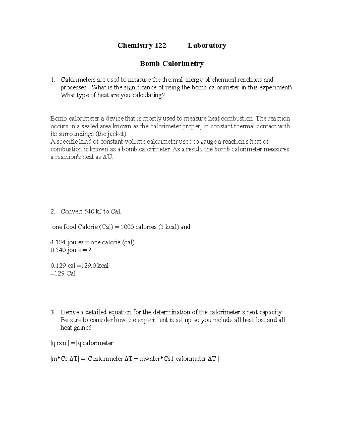 UTF8''Prelabbomb calorimetry Chemistry 122 Laboratory Bomb