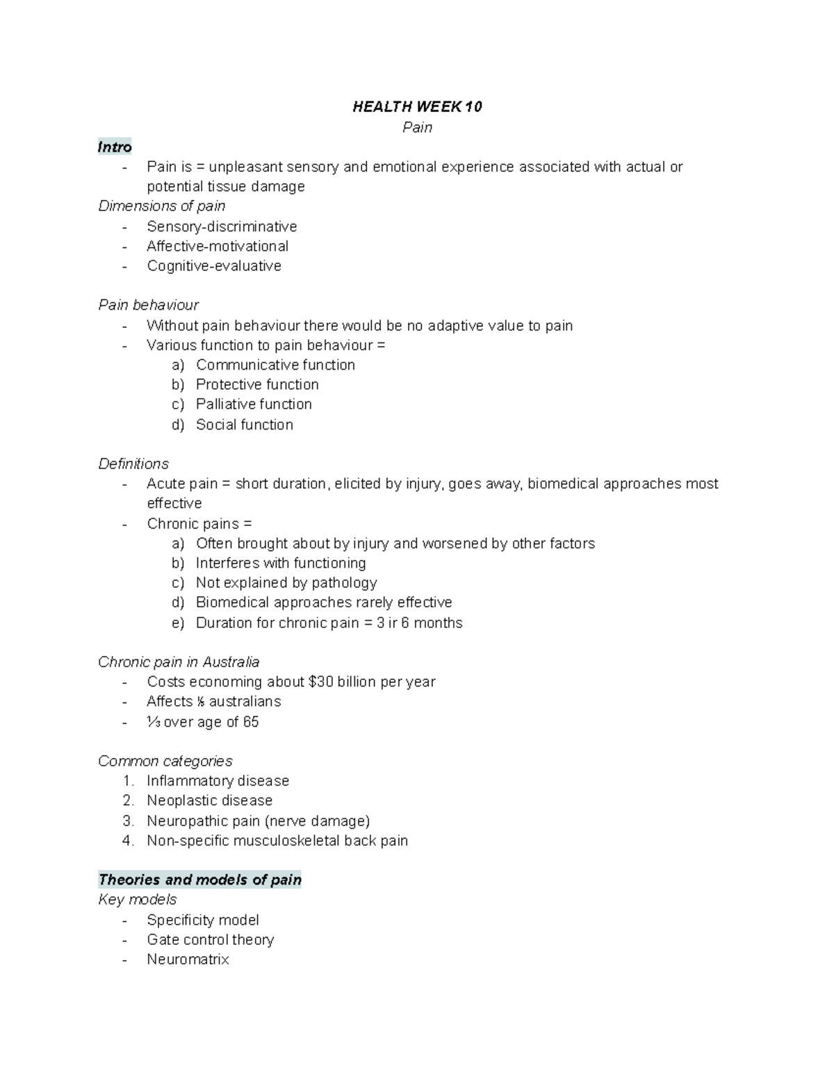 psyx2224 WK 10 notes - HEALTH WEEK 10 Pain Intro Pain is = unpleasant ...