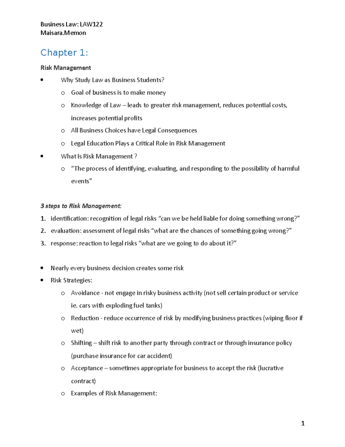LAW 122 Final Exam Notes - Business Law: LAW122 Maisara Chapter 1: Risk ...