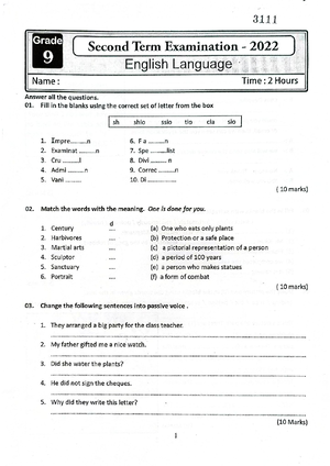 1 Grade 9 English Term Test Paper - Mannar Division - Studocu