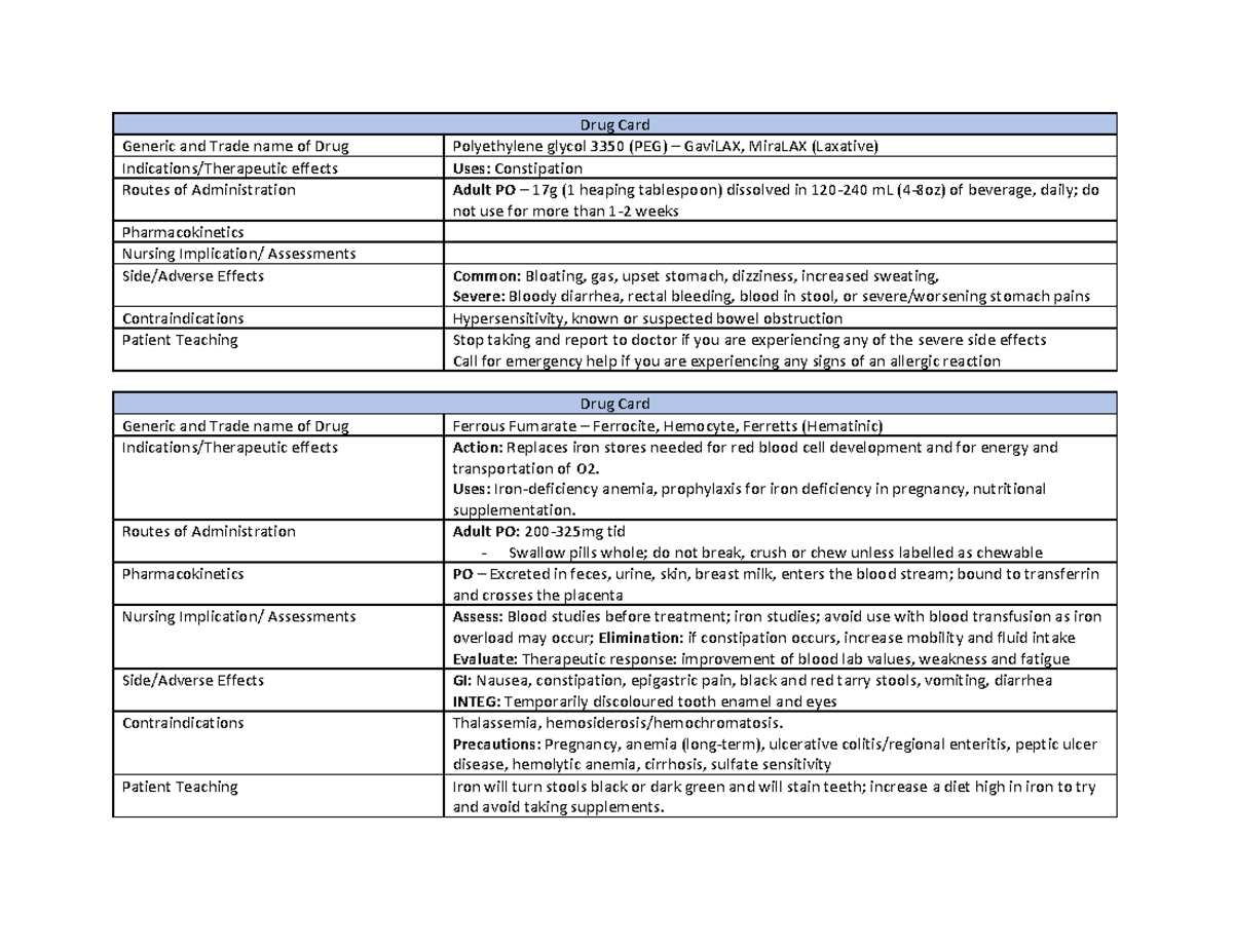 NURS 3020 Drug Cards - Drug Card Generic and Trade name of Drug ...