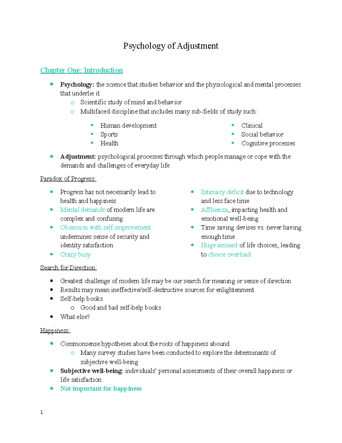Adjustment Notes Psychology of Adjustment Chapter One Introduction
