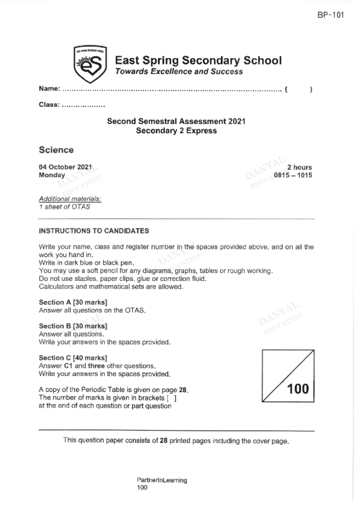 Sec 2 Science East Spring Secondary SA2 2021 Studocu
