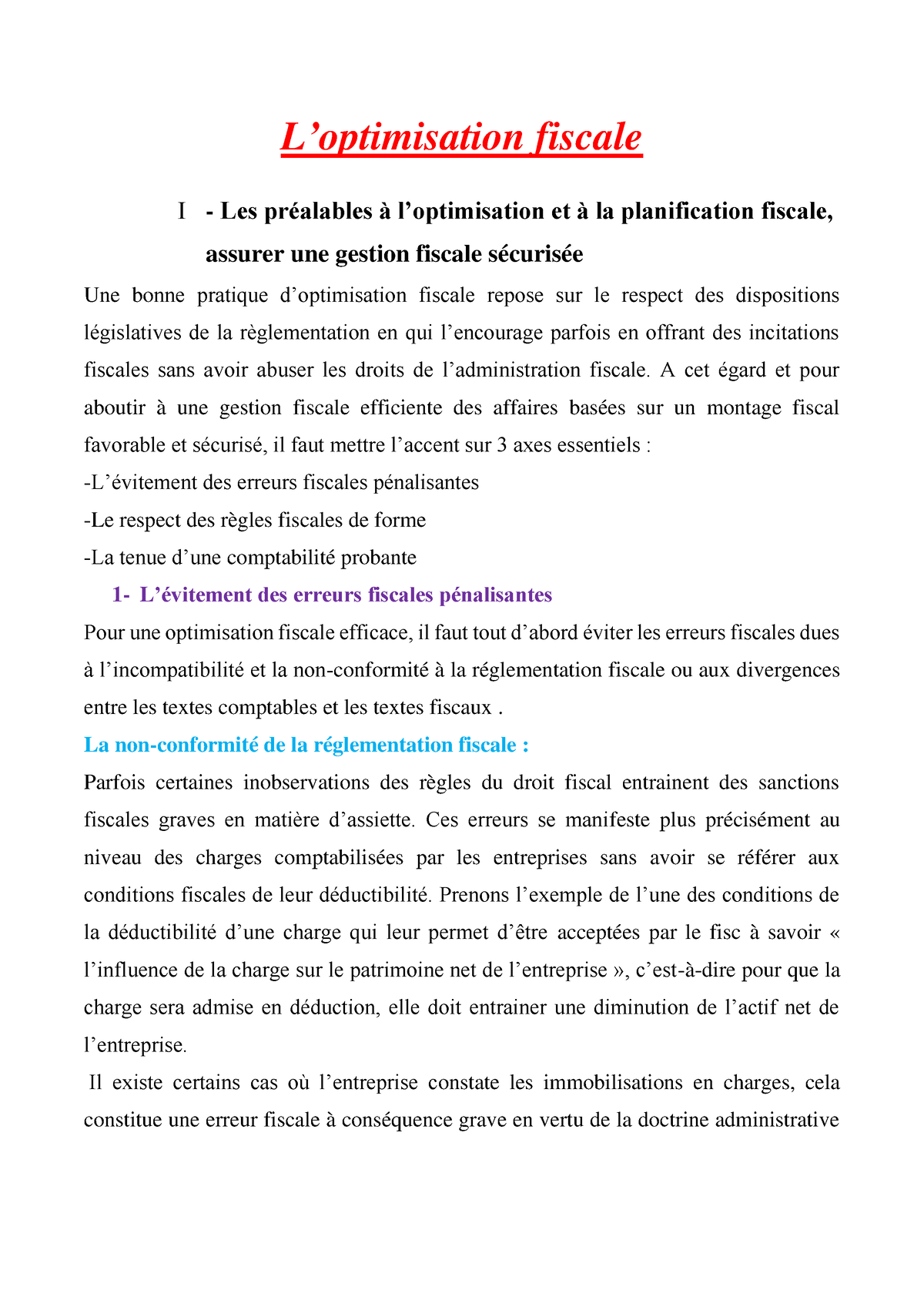 L'optimisation Fiscale- Les Préalables à L’optimisation Et à La ...