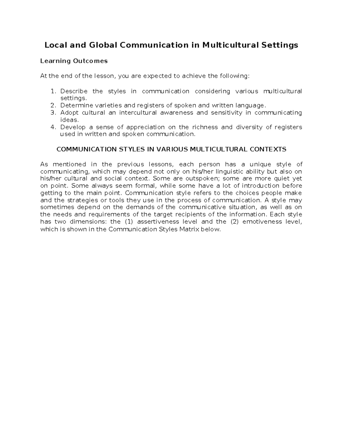 Local and Global Communication in Multicultural Settings - Describe the ...