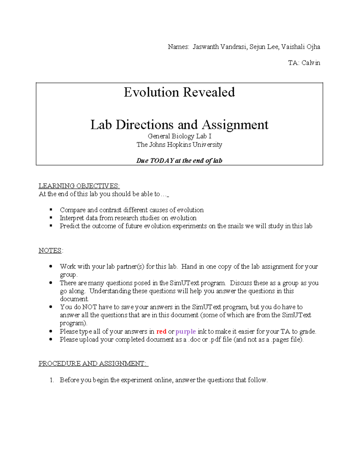 Evolution Revealed Assignment - Names: Jaswanth Vandrasi, Sejun Lee ...