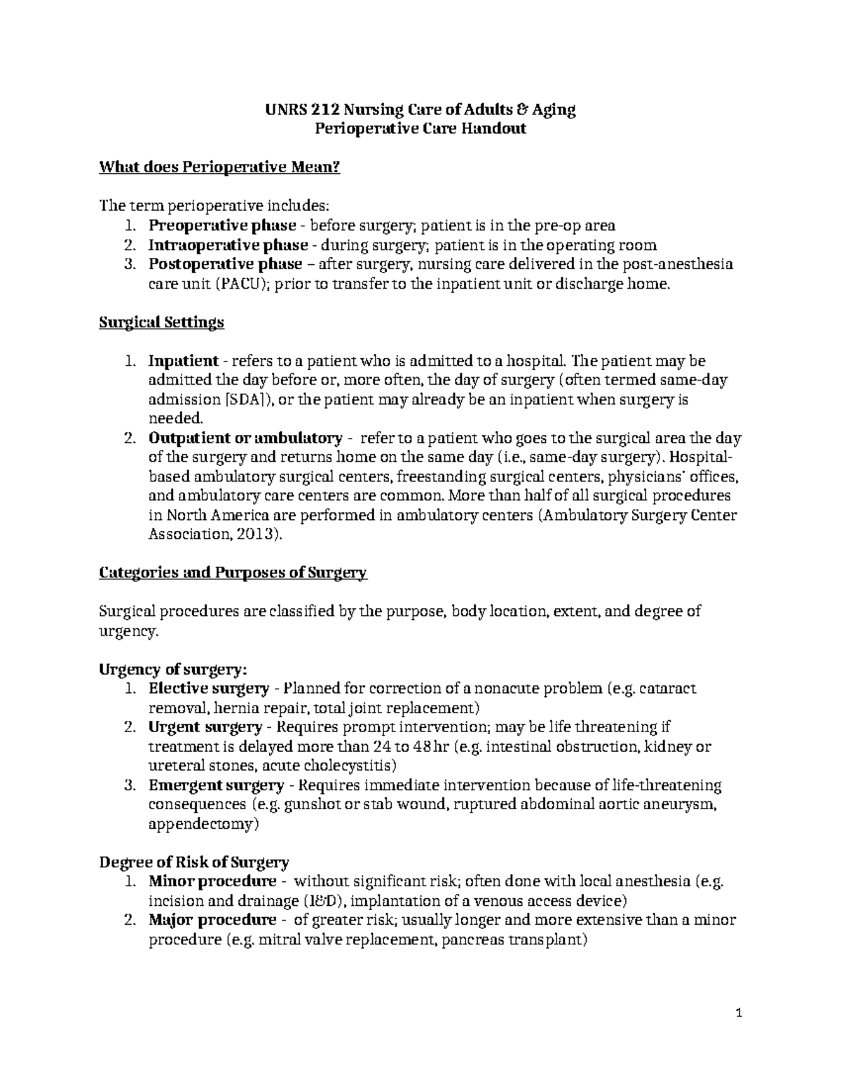 Perioperative Nursing Handout Template - UNRS 212 Nursing Care of ...