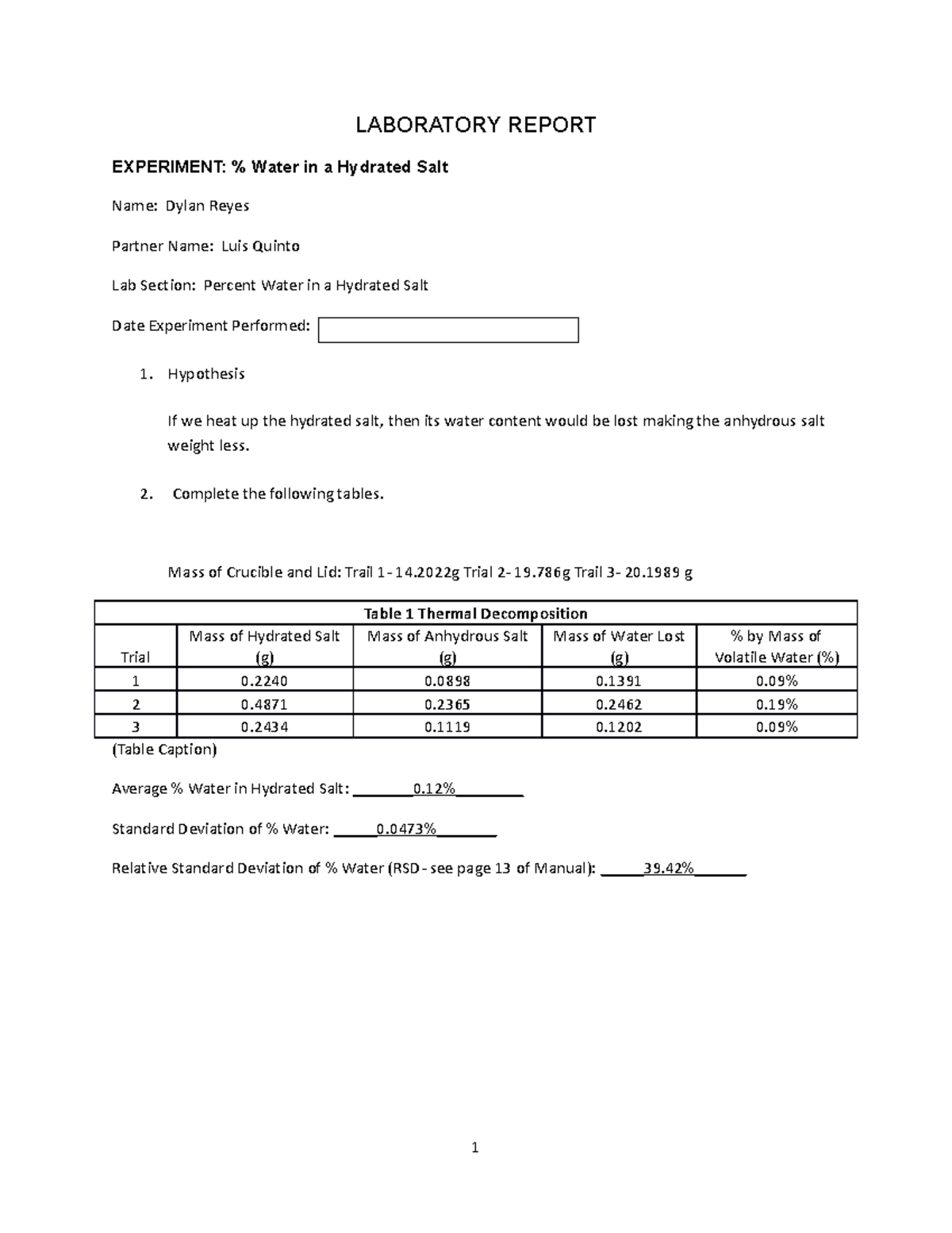 Exp 5 Percent Water in a Hydrated Salt LABORATORY REPORT EXPERIMENT