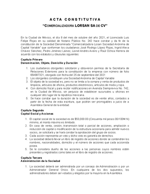 Ejemplo de Acta Constitutiva - A C T A C O N S T I T U T I V A  “COMERCIALIZADORA LORSAN SA DE CV” En - Studocu