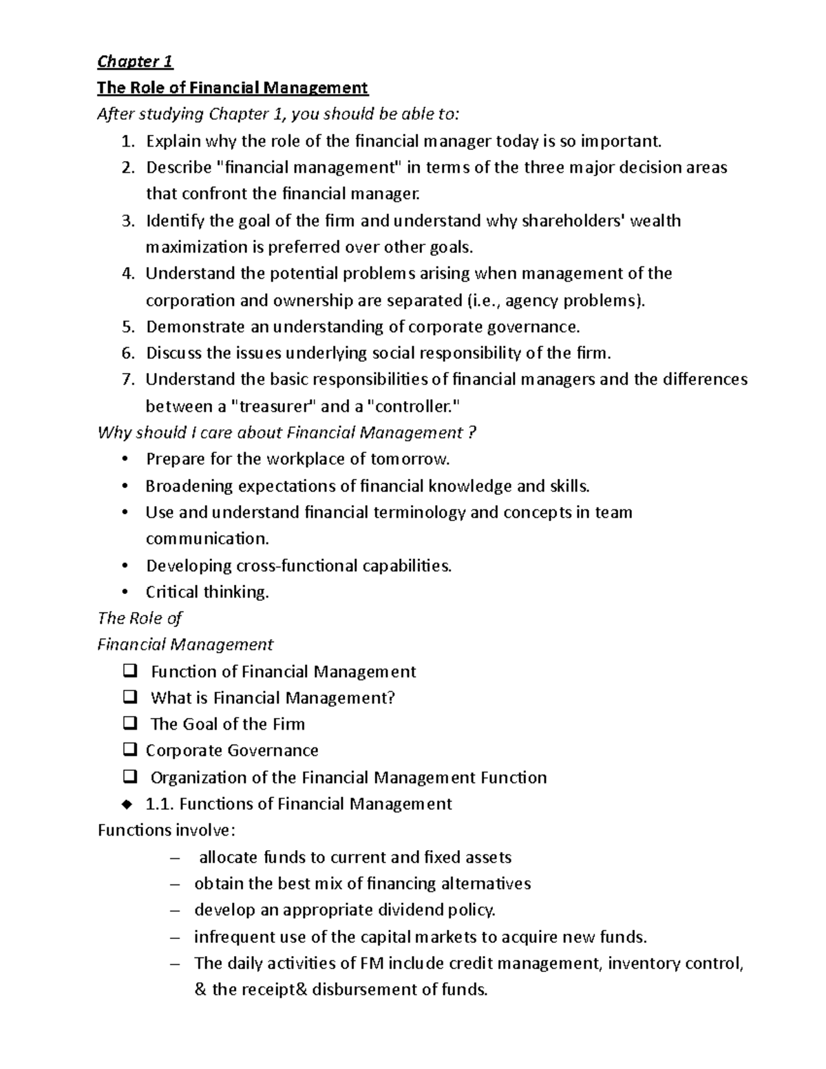 FM in word - Chapter 1 The Role of Financial Management After studying ...
