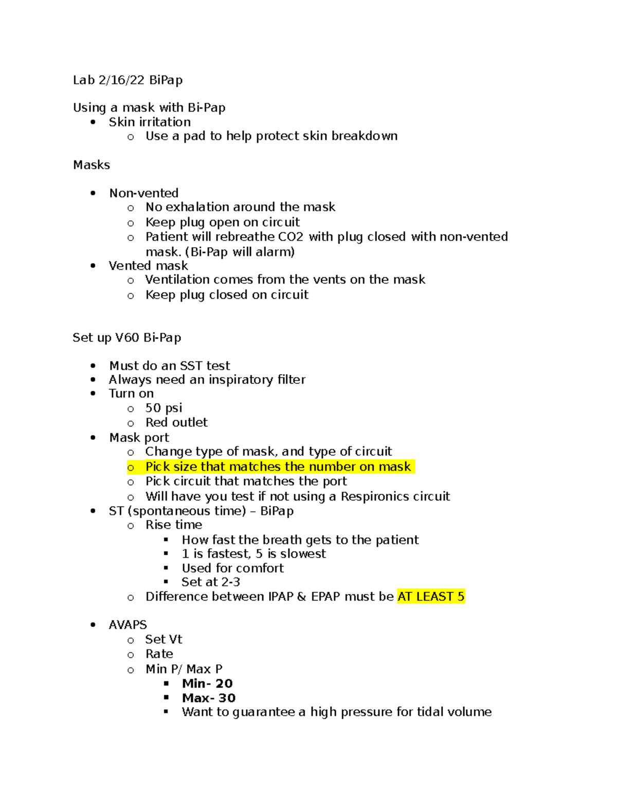 AVAPS mode lab notes - Lab 2/16/22 BiPap Using a mask with Bi-Pap Skin ...