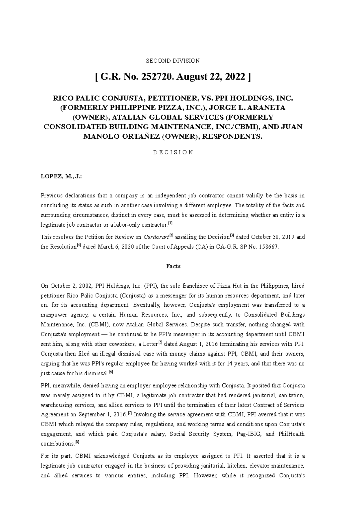 Conjusta vs. PPI Holdings SECOND DIVISION [ G. No. 252720. August 22
