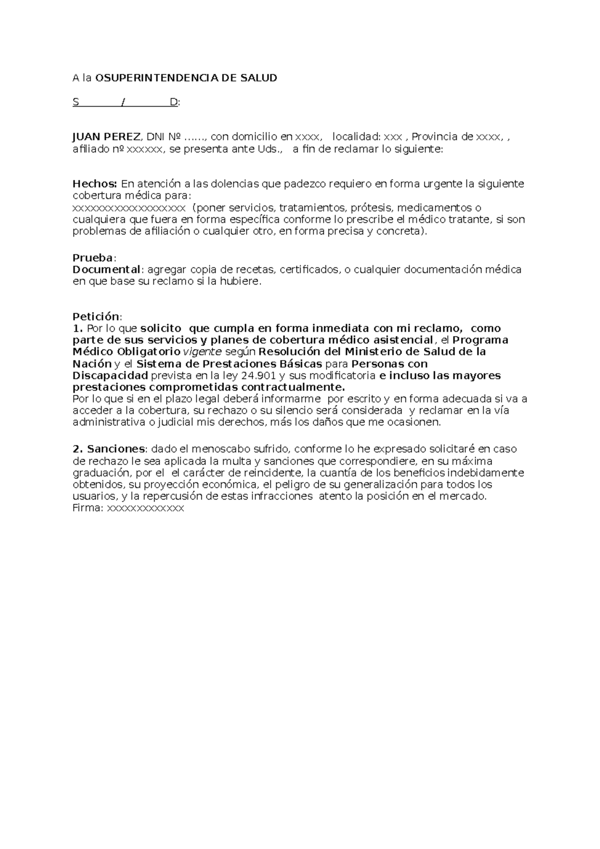 Modelo de denuncia a la superintendencia de salud por falta de 