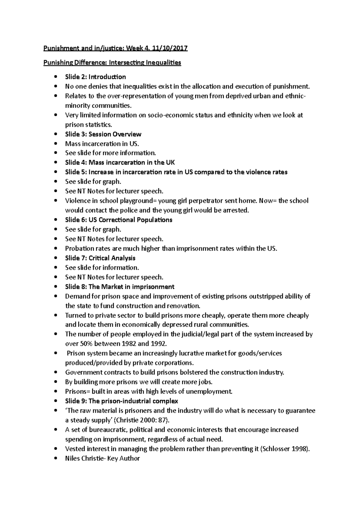Week 4 Class Typed Notes - Punishment and Week 4. Punishing Difference ...