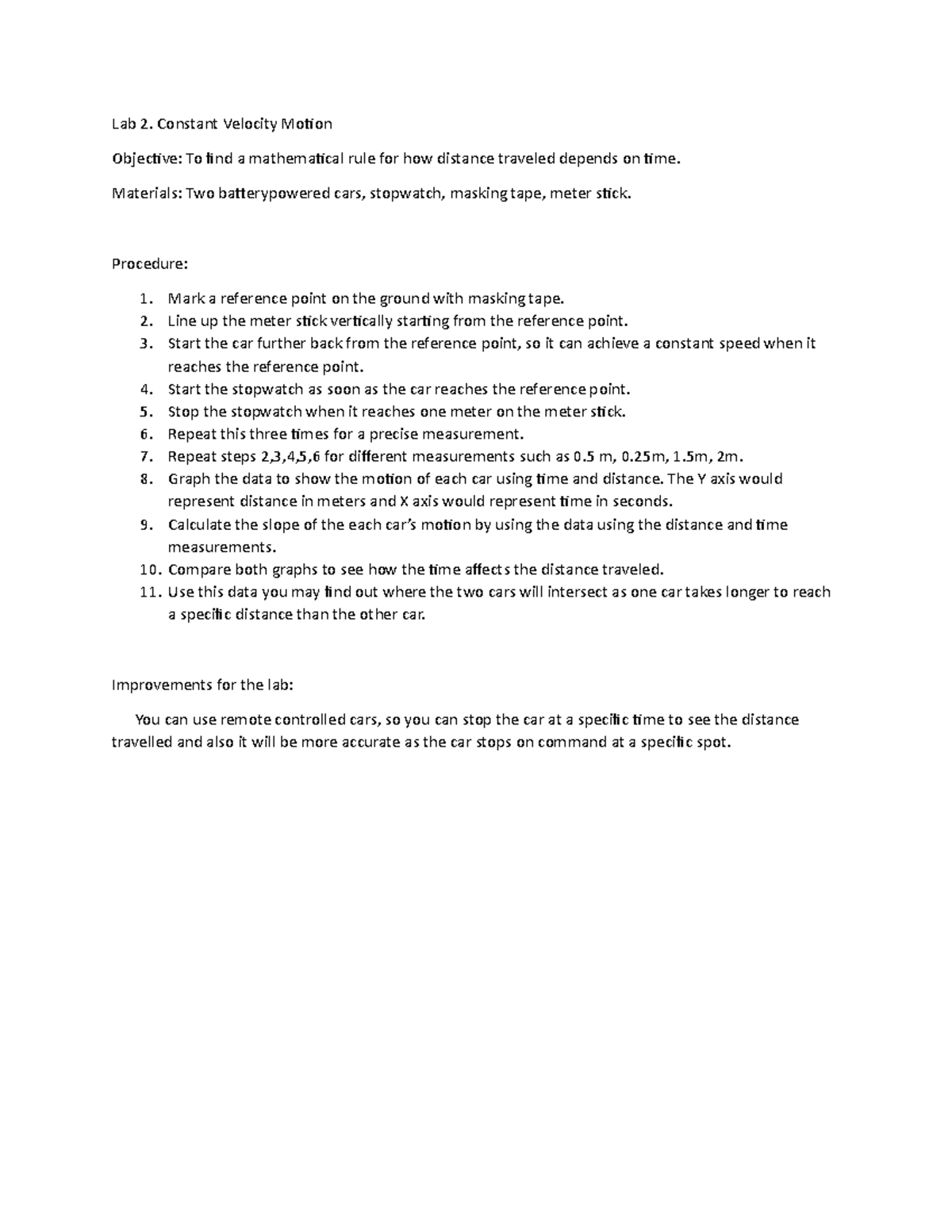 Physics car lab Lab design procedure An experiment that allows you