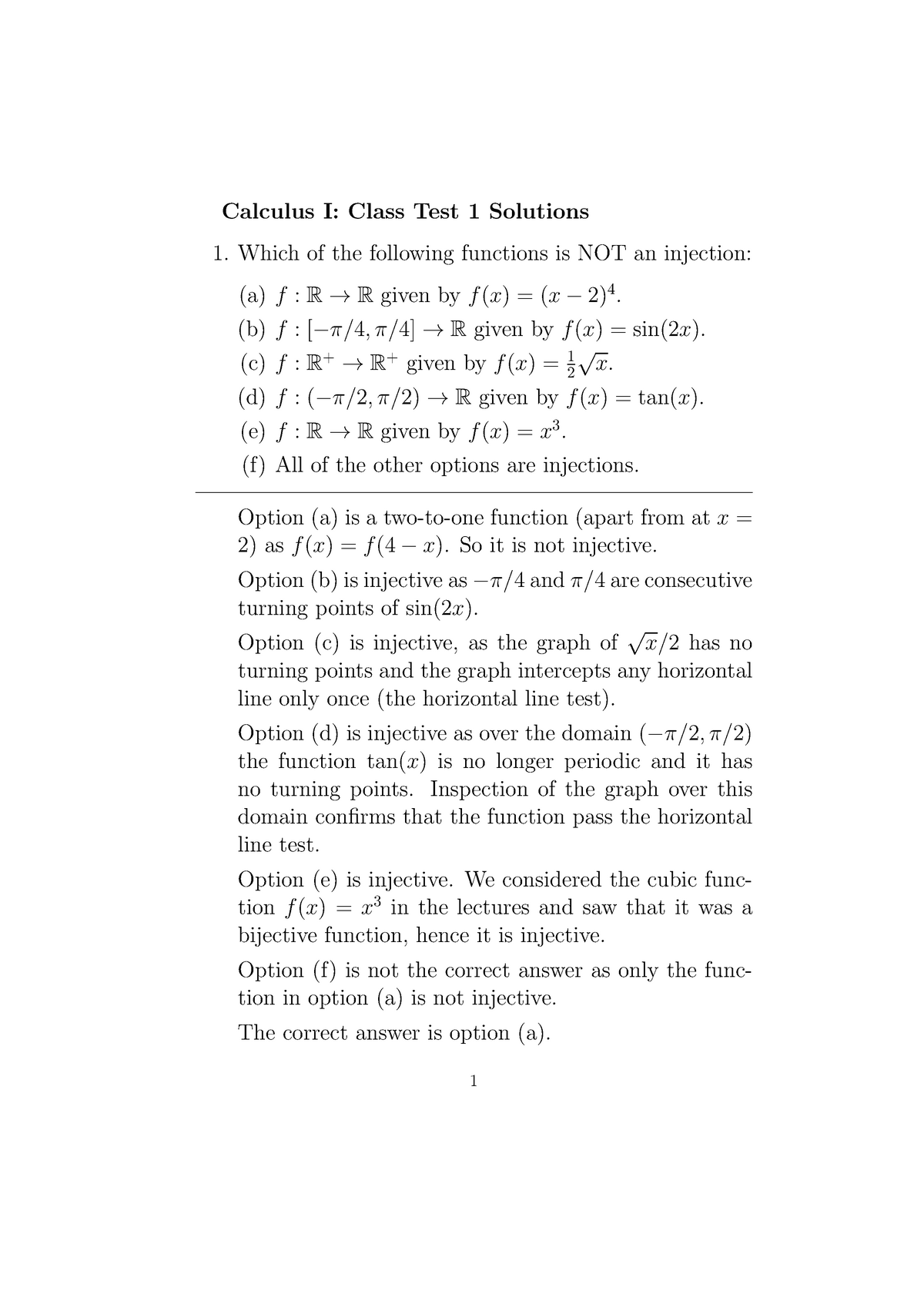 Test 1 11 July 2019, Answers - Calculus I: Class Test 1 Solutions Which ...