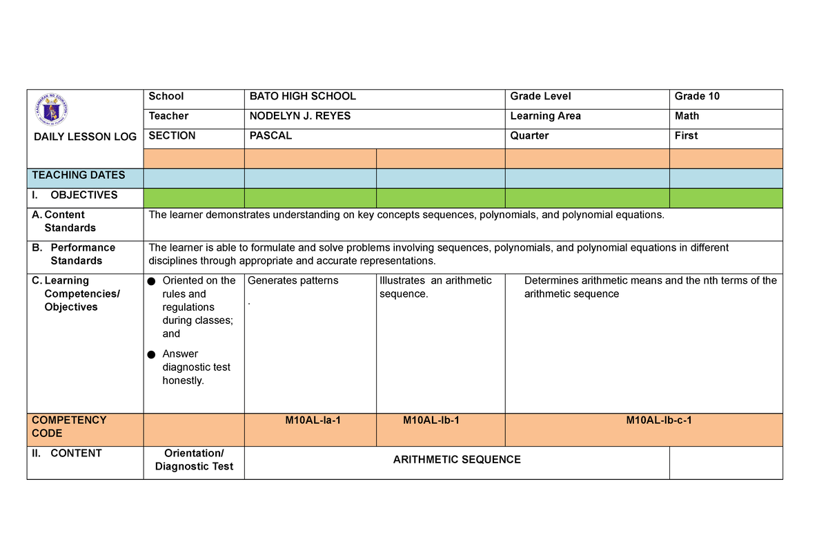 G10-Q1 DLL - Lesson log - DAILY LESSON LOG School BATO HIGH SCHOOL ...