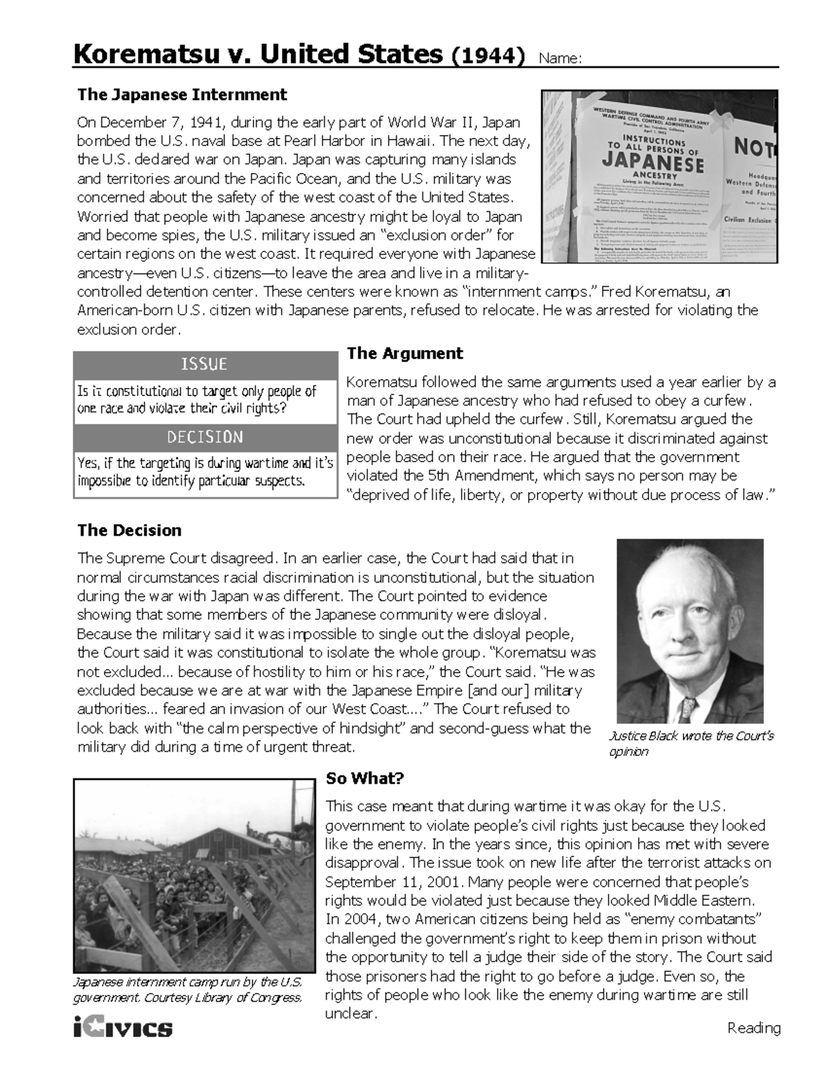 Juphar Brooks i Civics Japanese Internment Korematsu v. United States (1944) Name Reading