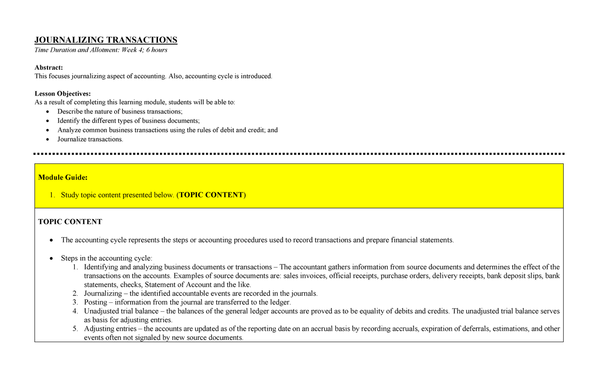 Journalizing Transactions - JOURNALIZING TRANSACTIONS Time Duration And ...