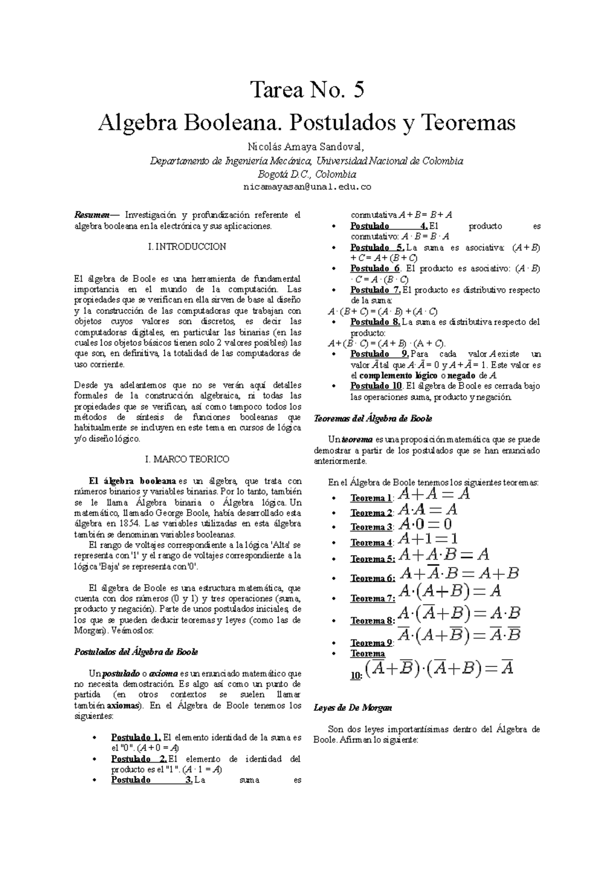 Tarea Nicolas Amaya Algebra Booleana - Tarea No. 5 Algebra Booleana ...