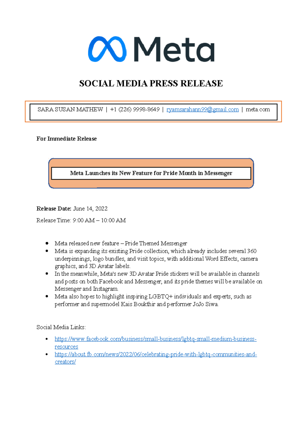 Social Media Press Release SOCIAL MEDIA PRESS RELEASE For Immediate