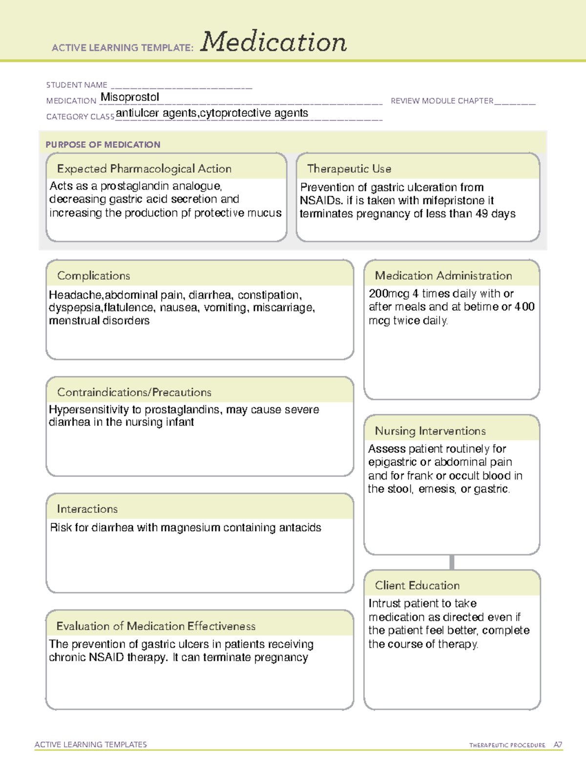 Misoprostol - Review notes and answers for quiz 1 NURS 306. Notes for ...