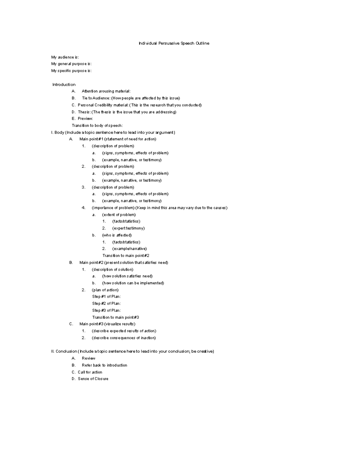 Free ndividual Persuasive Speech Outline Template Download - Individual ...