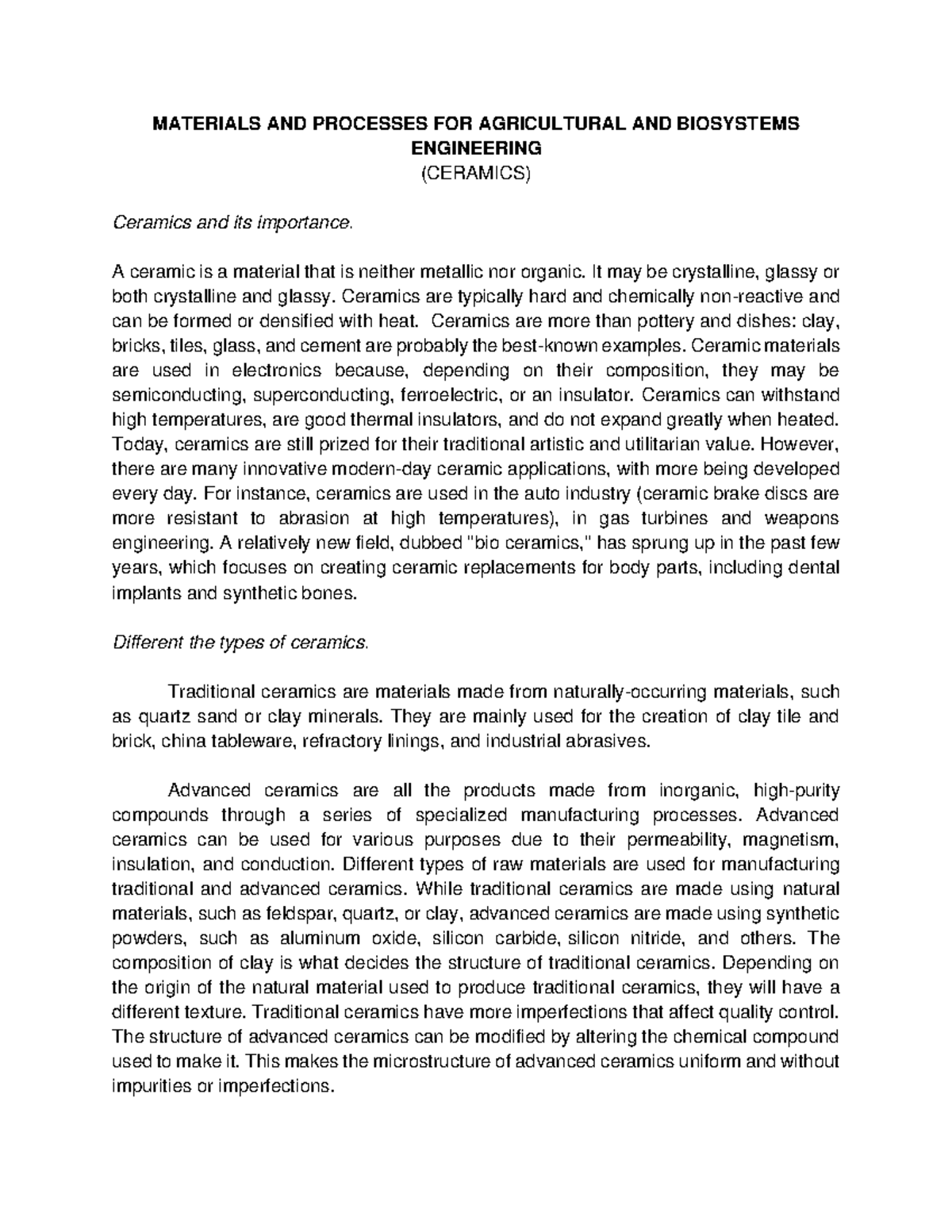 Materials and Processes in Agricultural and Biosystems Engineering