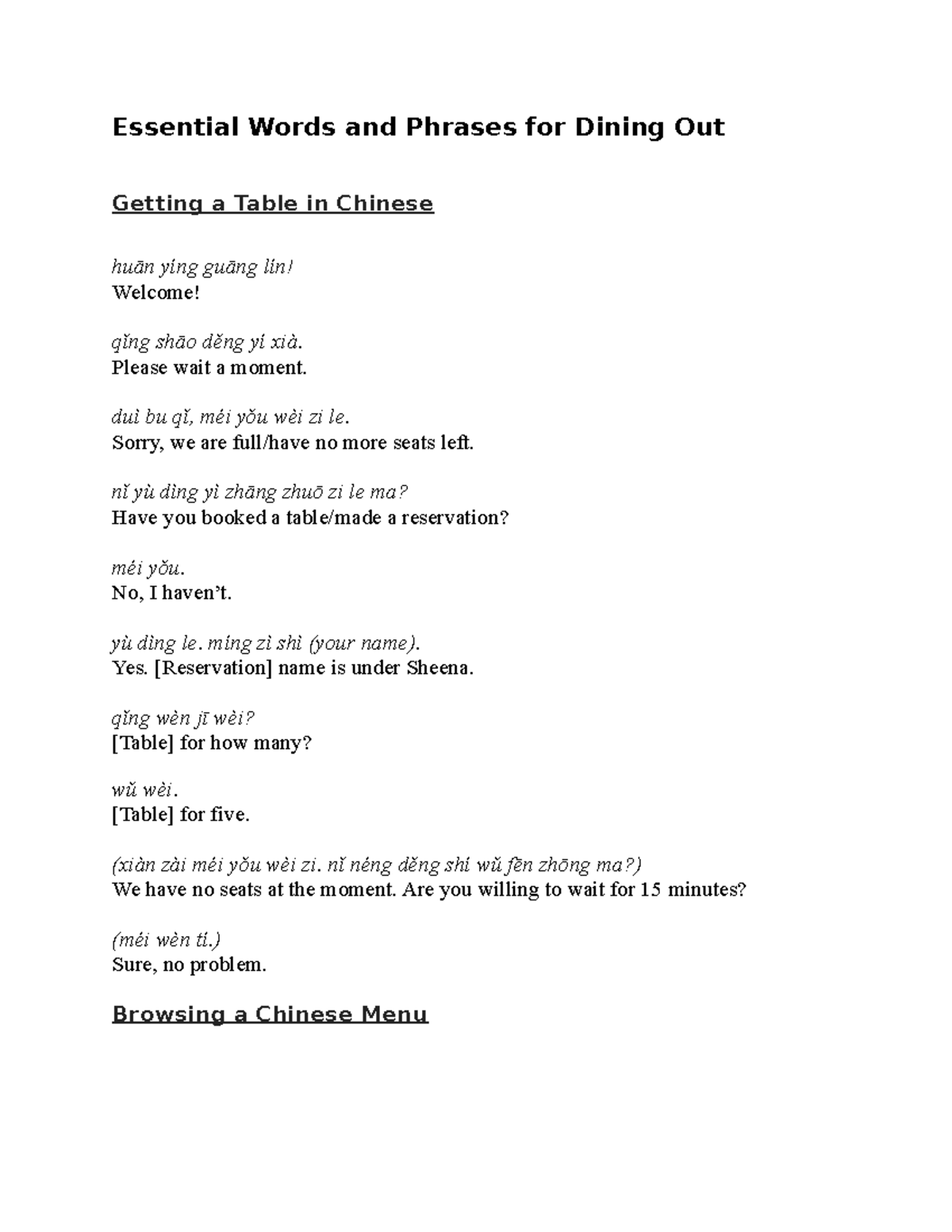 DiningOUT Mandarin Essential Words and Phrases for Dining Out