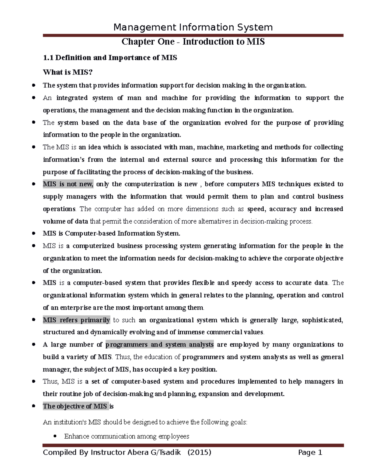 MIS Chapter 1 Final - Chapter One - Introduction to MIS 1 Definition ...