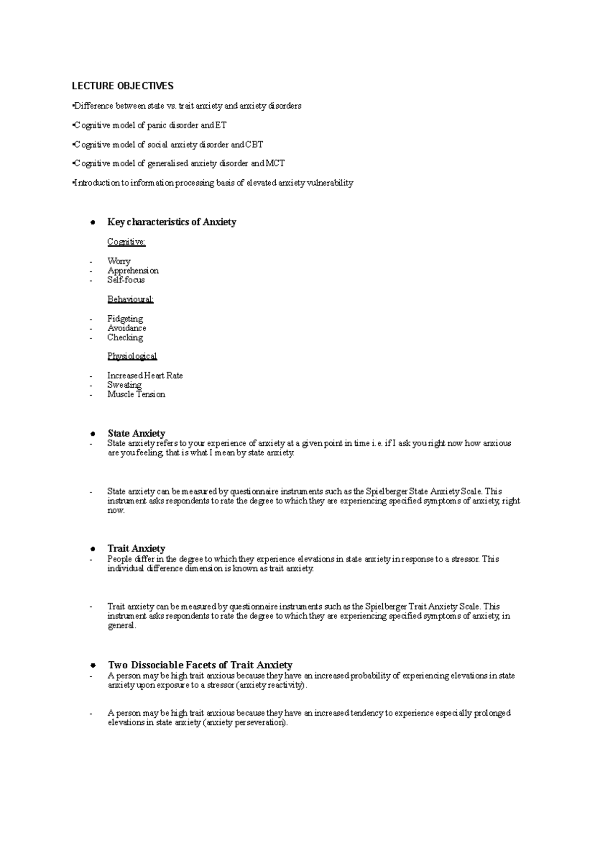 Chapter 5 Psychopathology Anxiety Disorders - LECTURE OBJECTIVES ...