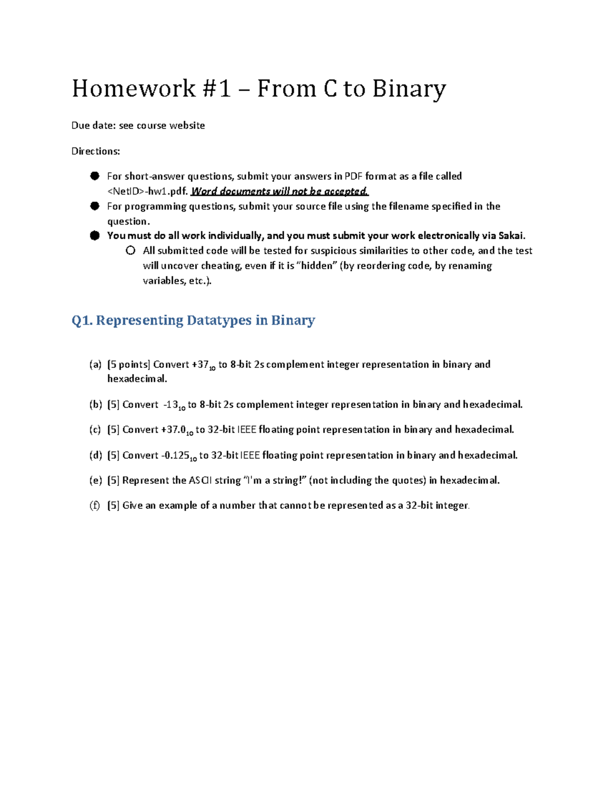 Seminar Assignments - Homework 1-5 - Homework #1 – From C To Binary Due ...