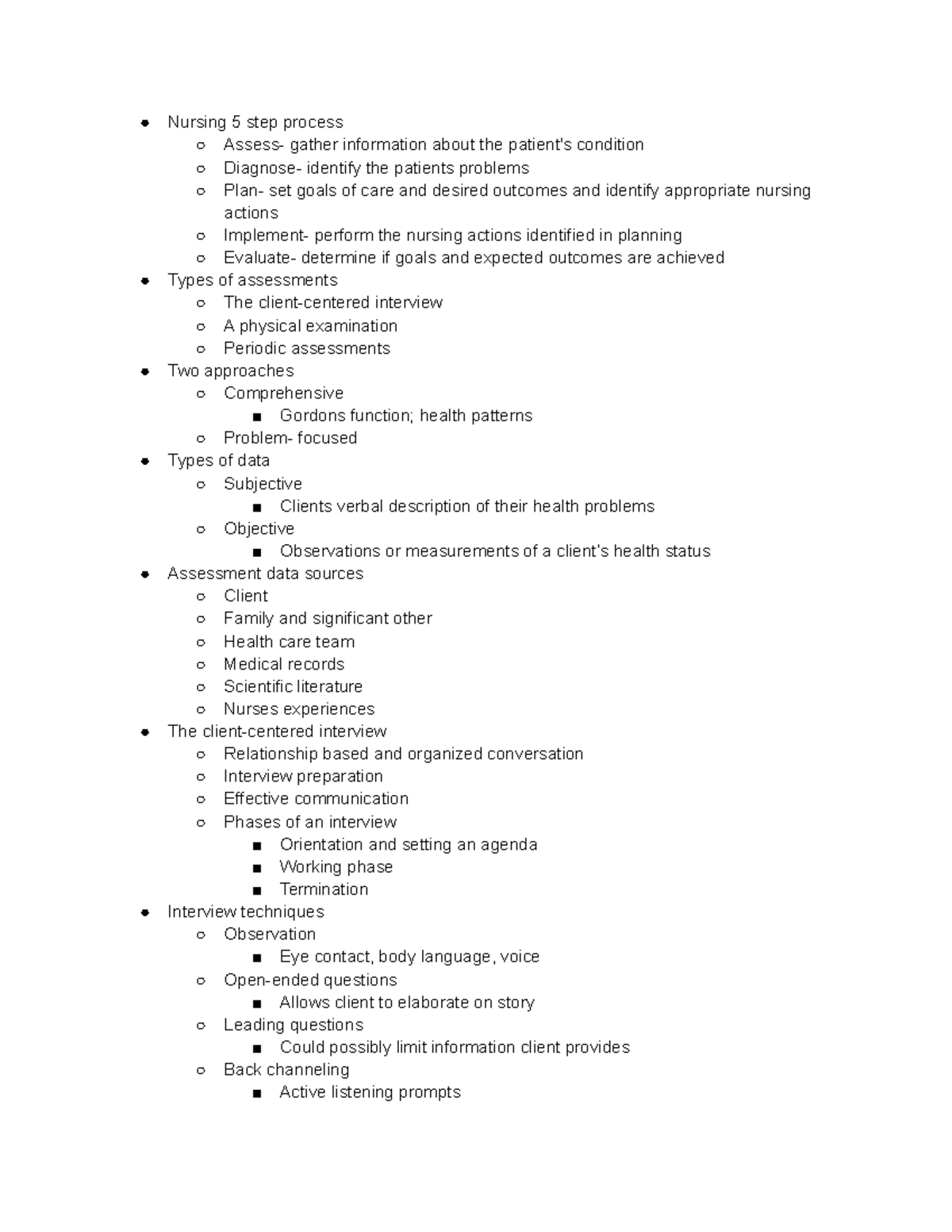 Foundations Exam 1 notes Nursing 5 step process Assess gather