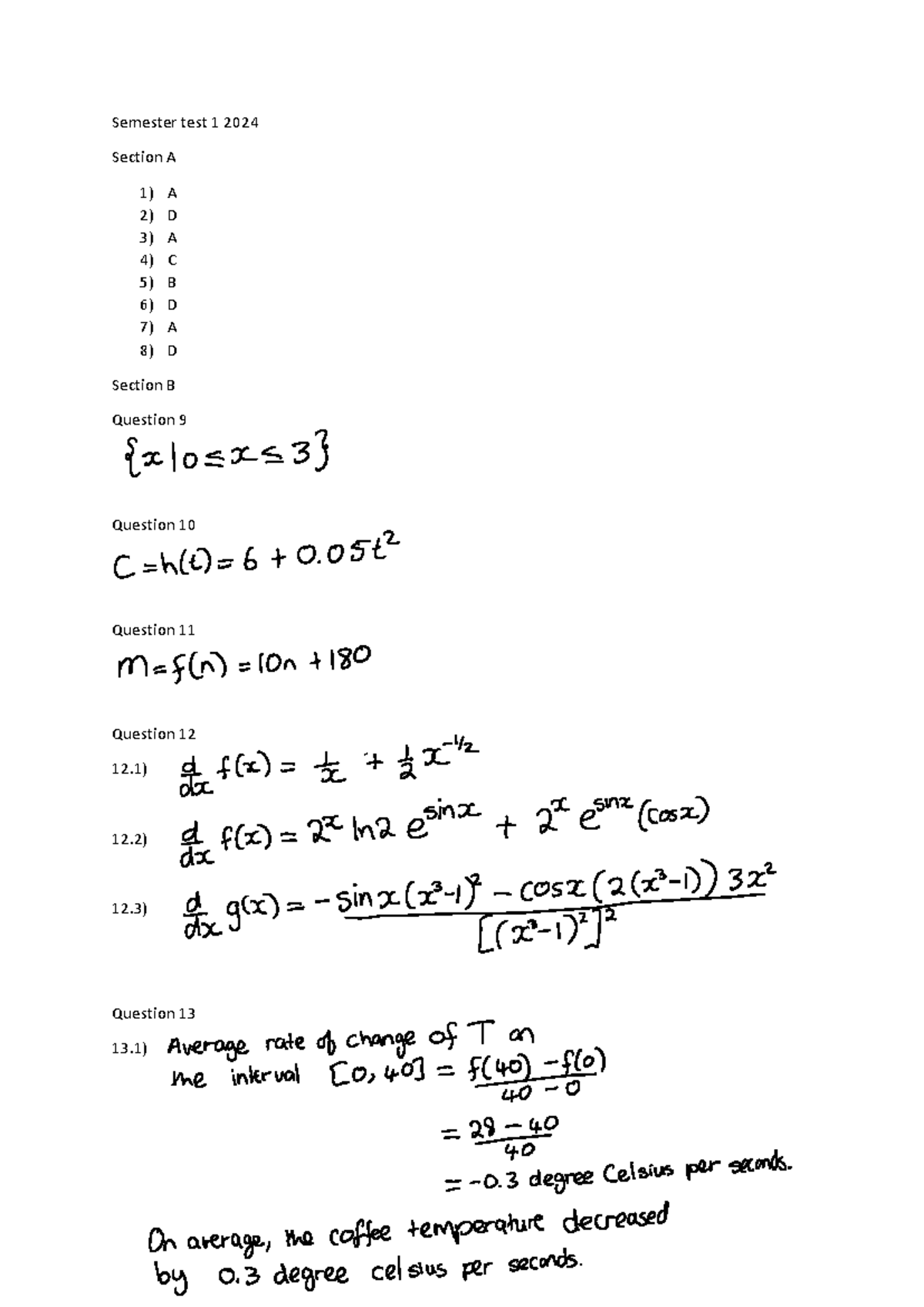 Semester test 1 2024 memo - WTW 134 - Semester test 1 2024 Section A 1 ...