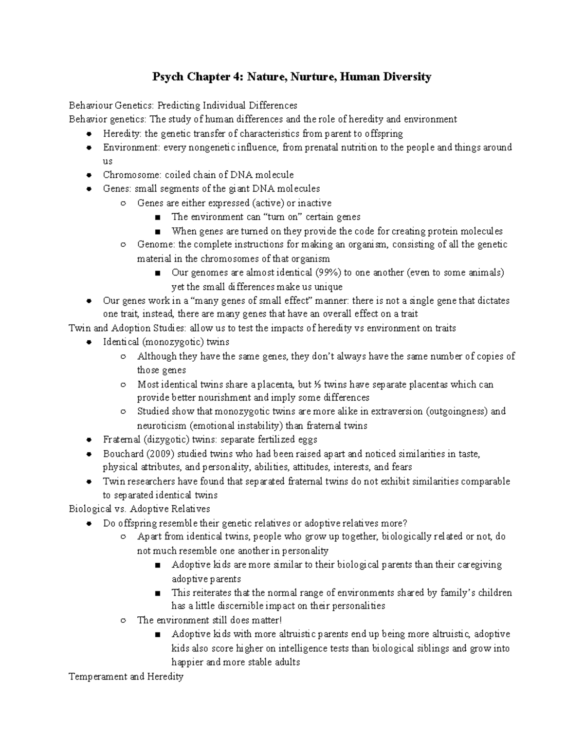 Psych Notes Chapters 4 and 6 - Psych Chapter 4: Nature, Nurture, Human ...
