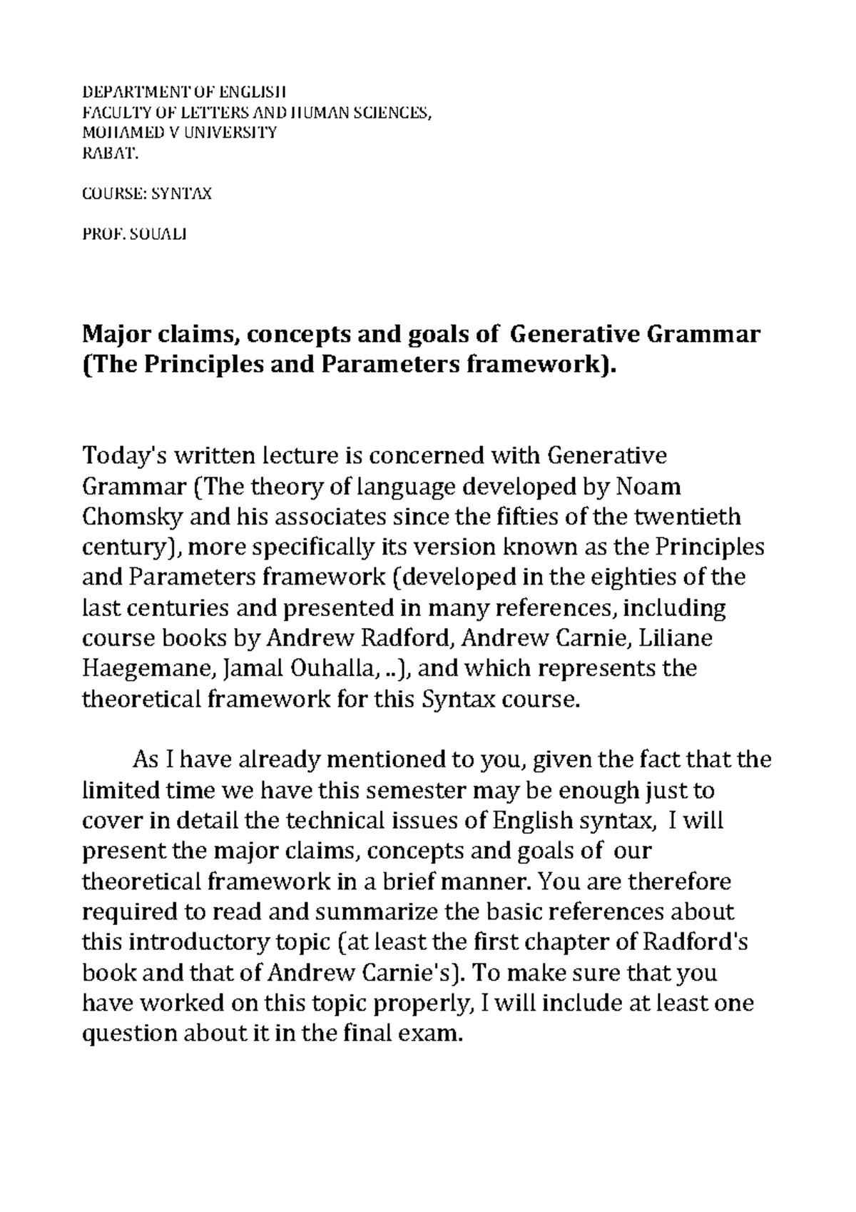 Syntax, goals of Generative grammar - DEPARTMENT OF ENGLISH FACULTY OF ...