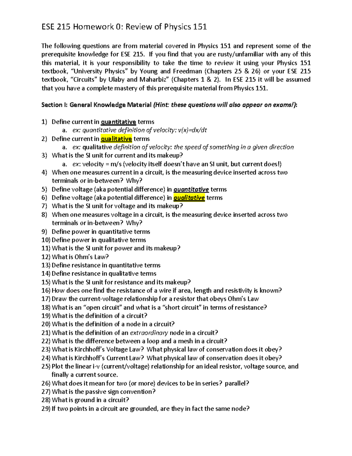 ESE215 HW00 Review Of Phys151 - The Following Questions Are From ...