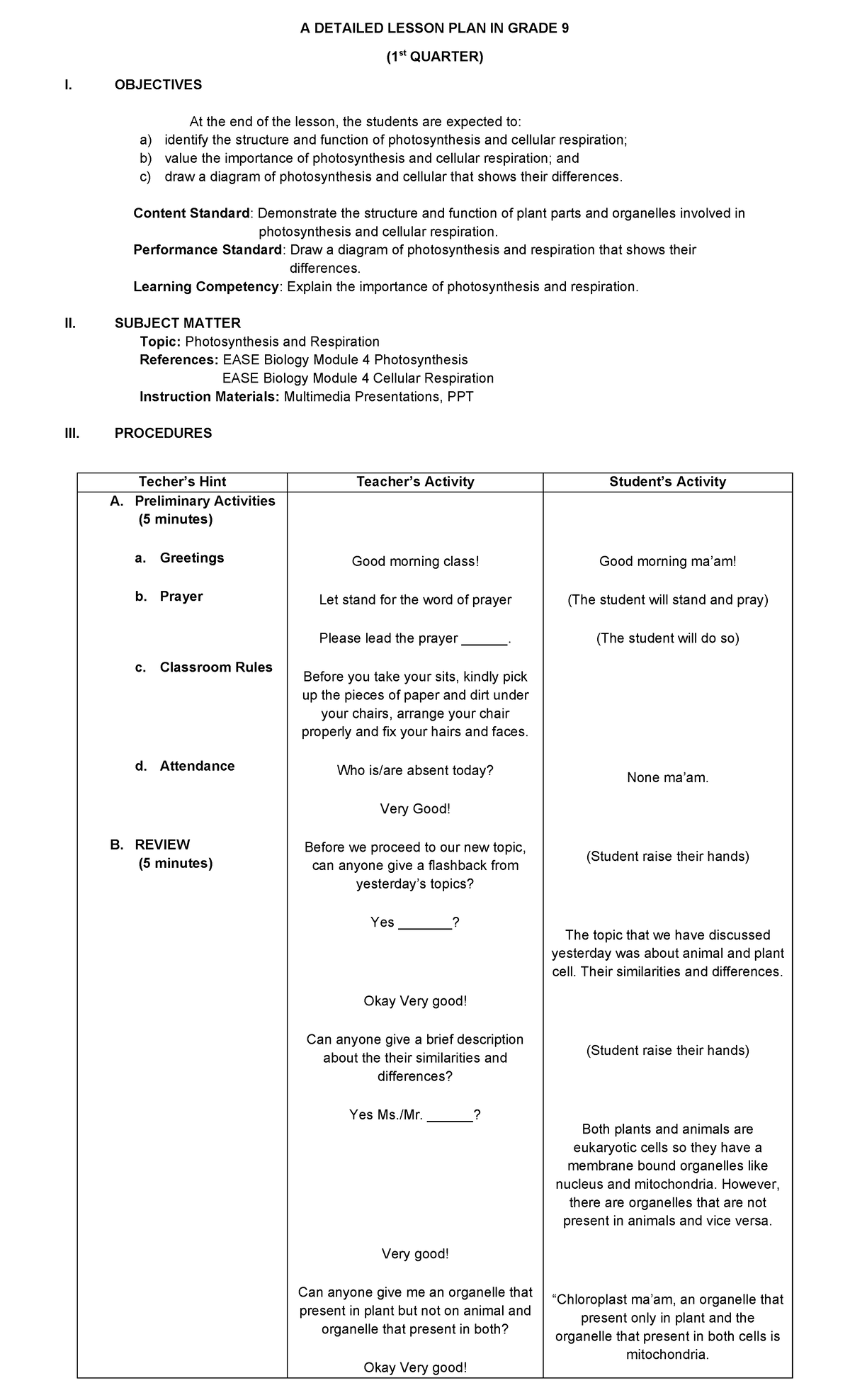 Old Detailed Lesson Plan Grade 91st Quarter - A Detailed Lesson Plan In 