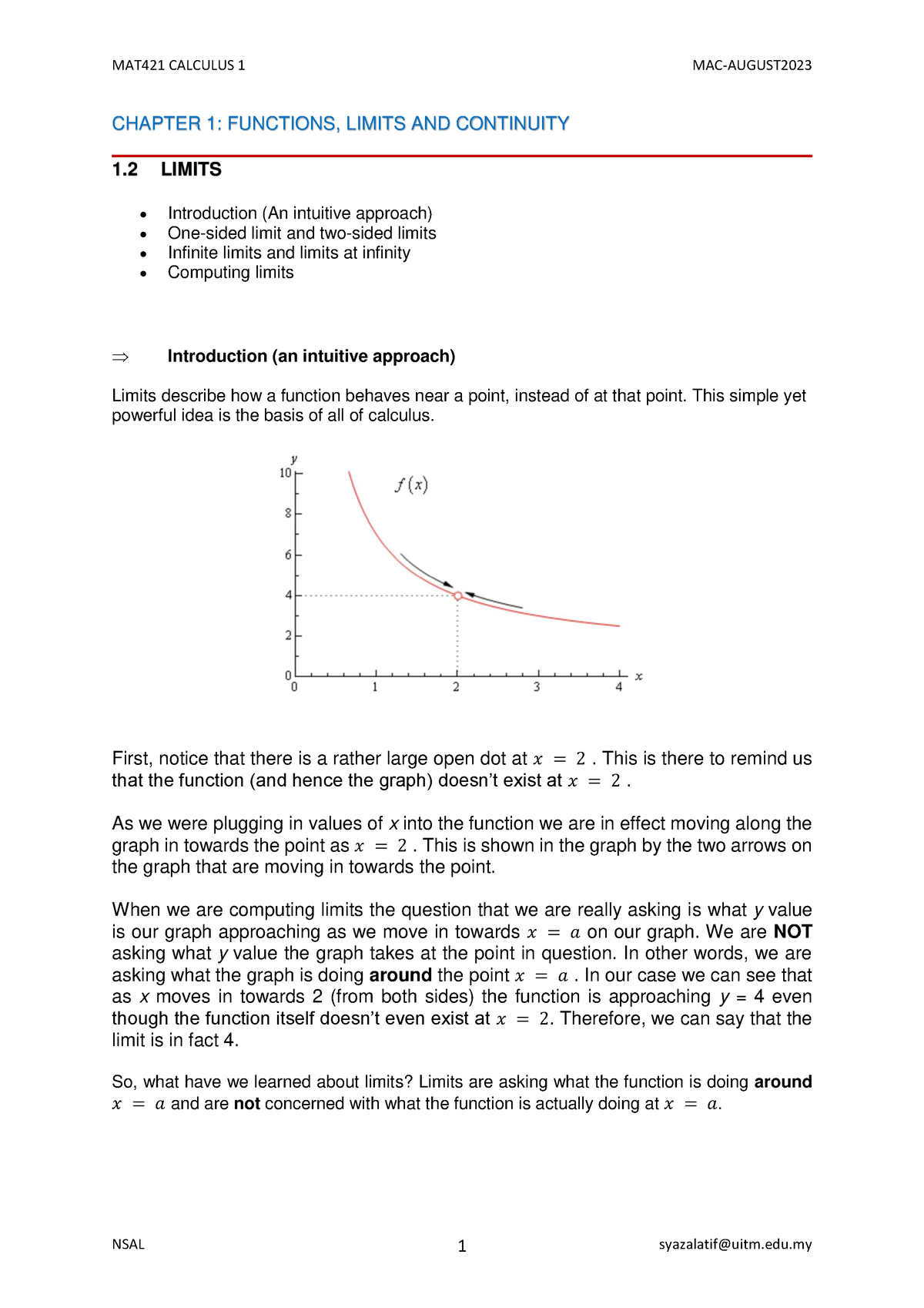 MAT421 Week 2 - CHAPTER 1: FUNCTIONS, LIMITS AND CONTINUITY 1 LIMITS ...