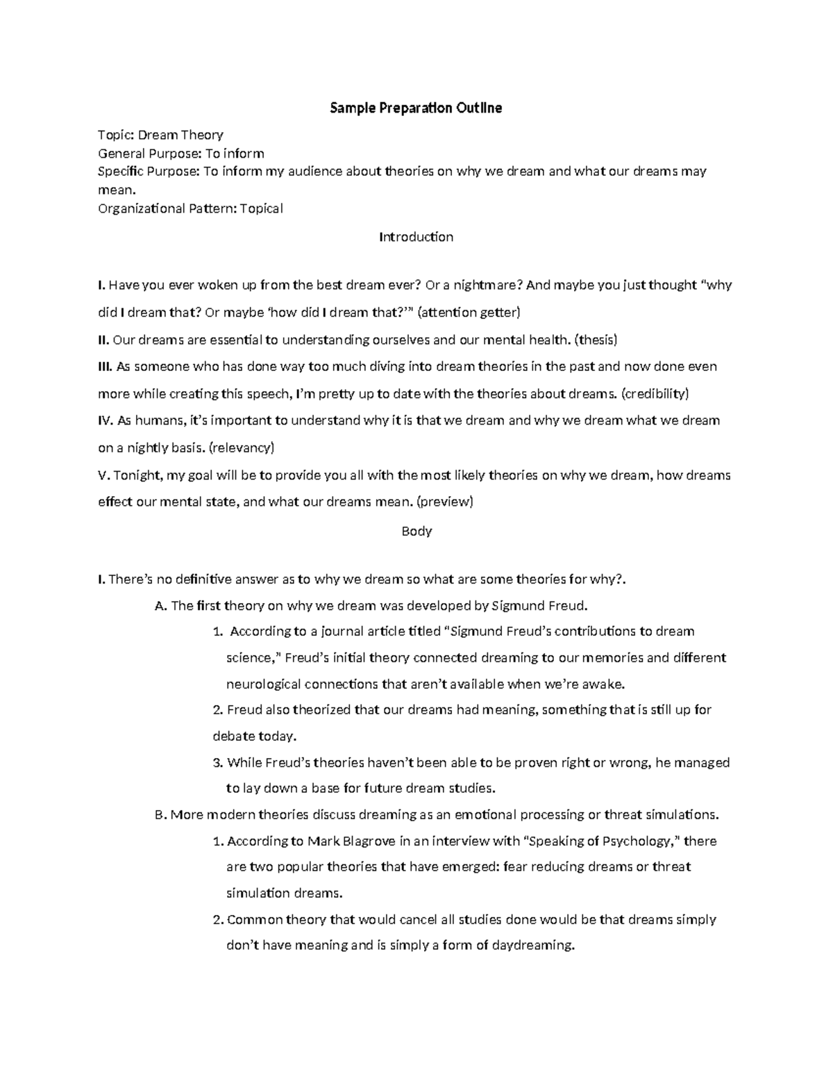 Informative Speech Outline - Sample Preparation Outline Topic: Dream ...