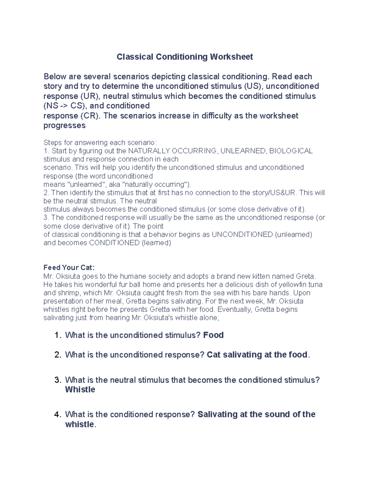 PSY 123 CLASSICAL CONDITIONING WORKSHEET Classical Conditioning