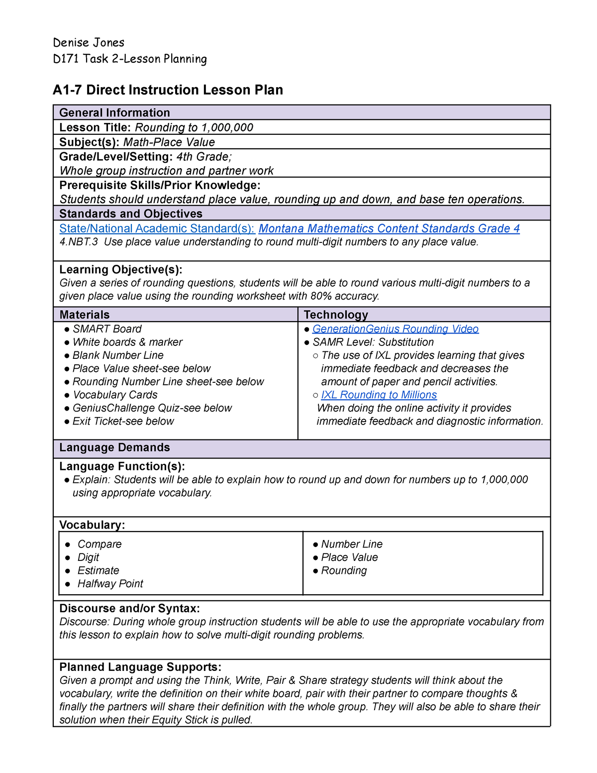 D171 Task 2 Curriculum, Instruction, And Assessment (Direct Instruction ...