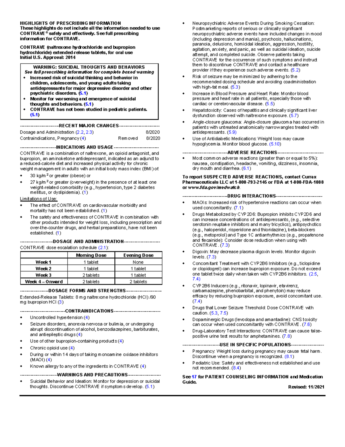 Contrave PI CON-LC115 - HIGHLIGHTS OF PRESCRIBING INFORMATION These ...