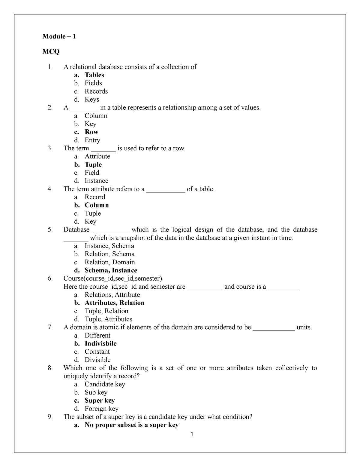 DBMS Question Bank - Module – 1 MCQ A relational database consists of a ...