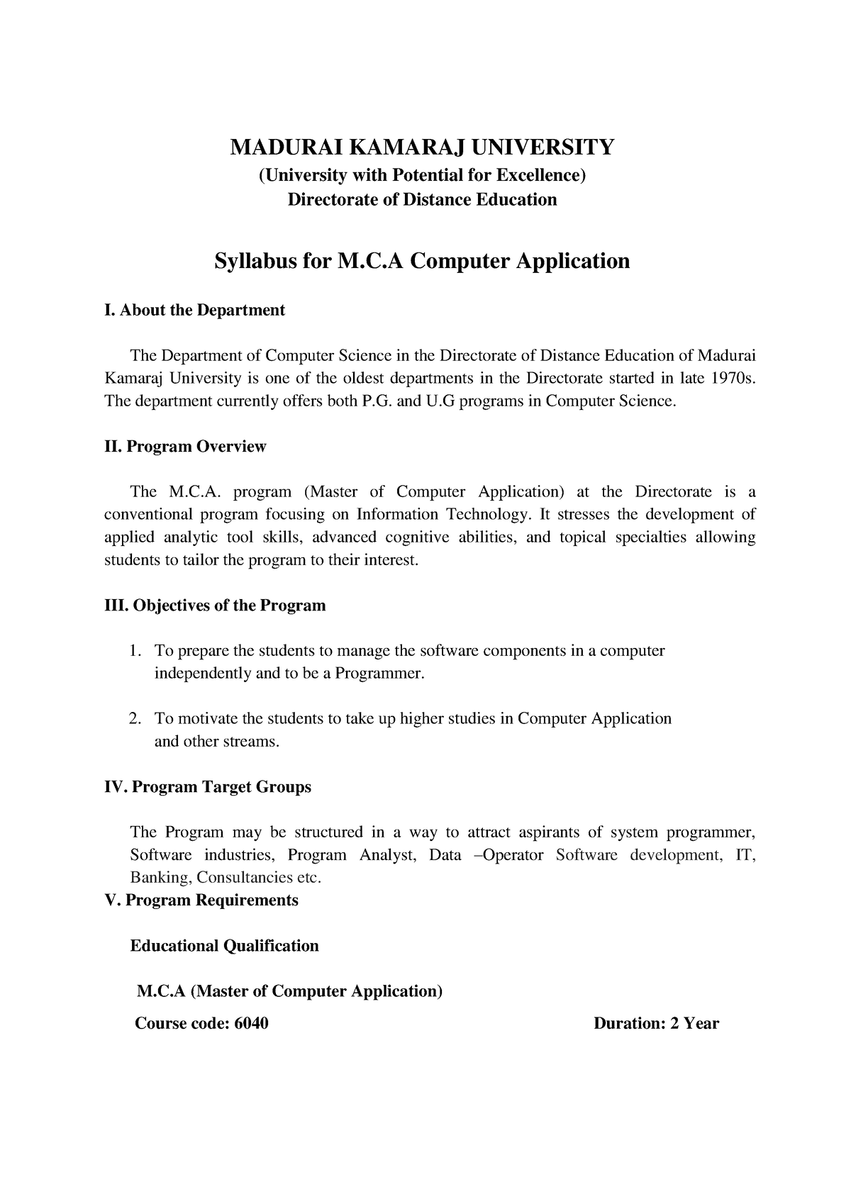 Mca Semester Pattern - MADURAI KAMARAJ UNIVERSITY (University With ...