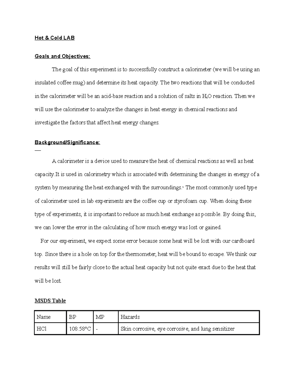 calorimetry experiment lab report conclusion