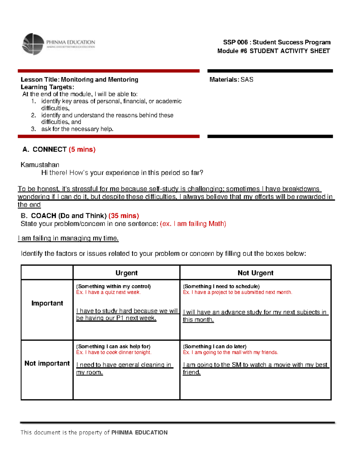 Hilaria 6) Monitoring And Mentoring P2 SAS#6 - SSP 006 : Student ...